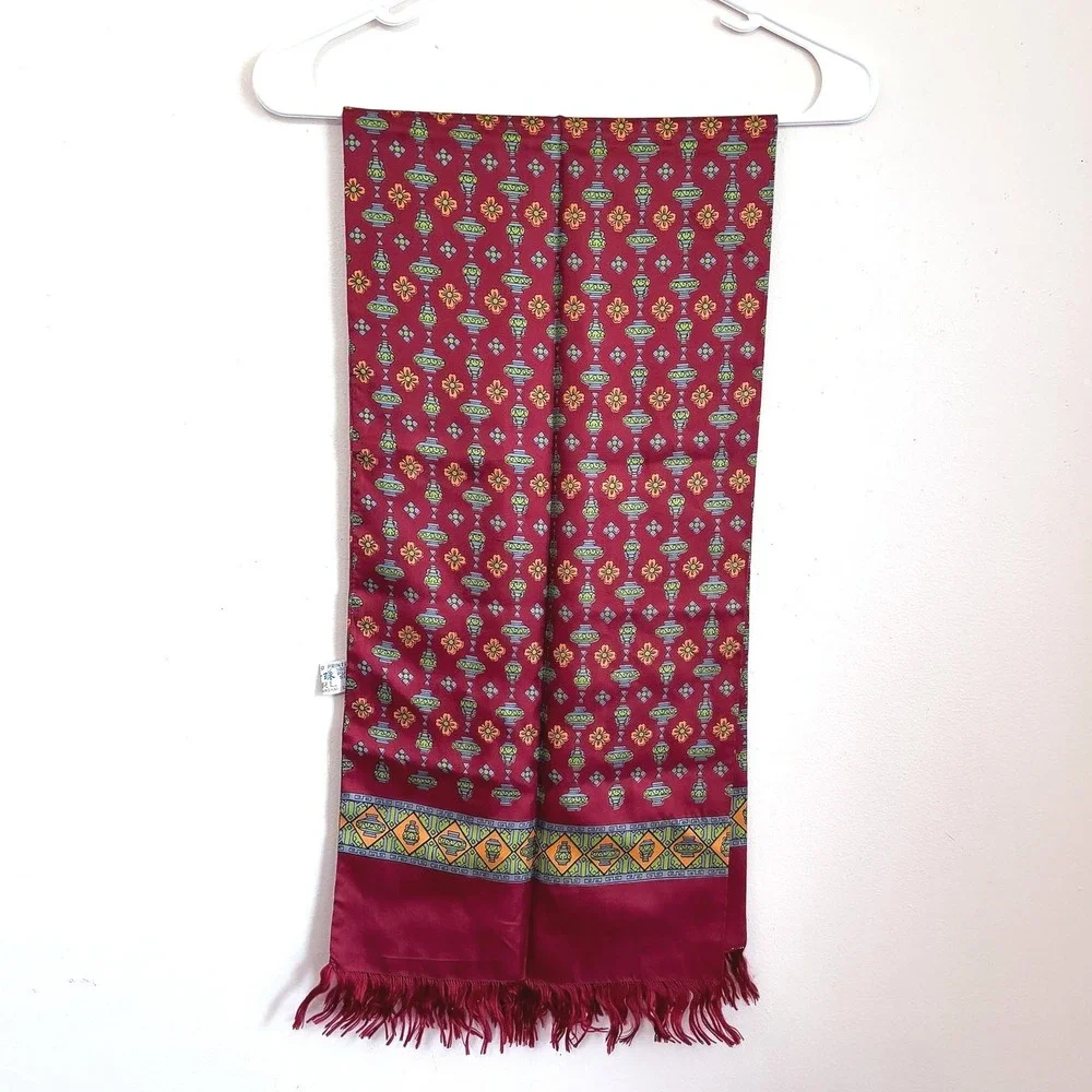 Vintage Pearl Hand Printed Silk Scarf Burgundy Red Vessel Print Fringe One Size
